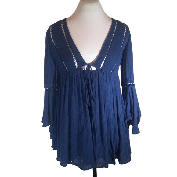 Free People Blue Bell Sleeve V Neck Peasant Dress - Picture 7 of 7